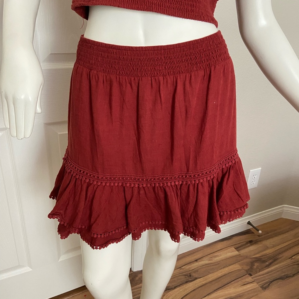 Express Rust Burgundy Linen Ruffle Top and Skirt Set Size Medium - Picture 4 of 11